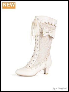 Victorian Mid Calf Granny Boots Lace Up Zipper Renaissance Costume Shoes Mid